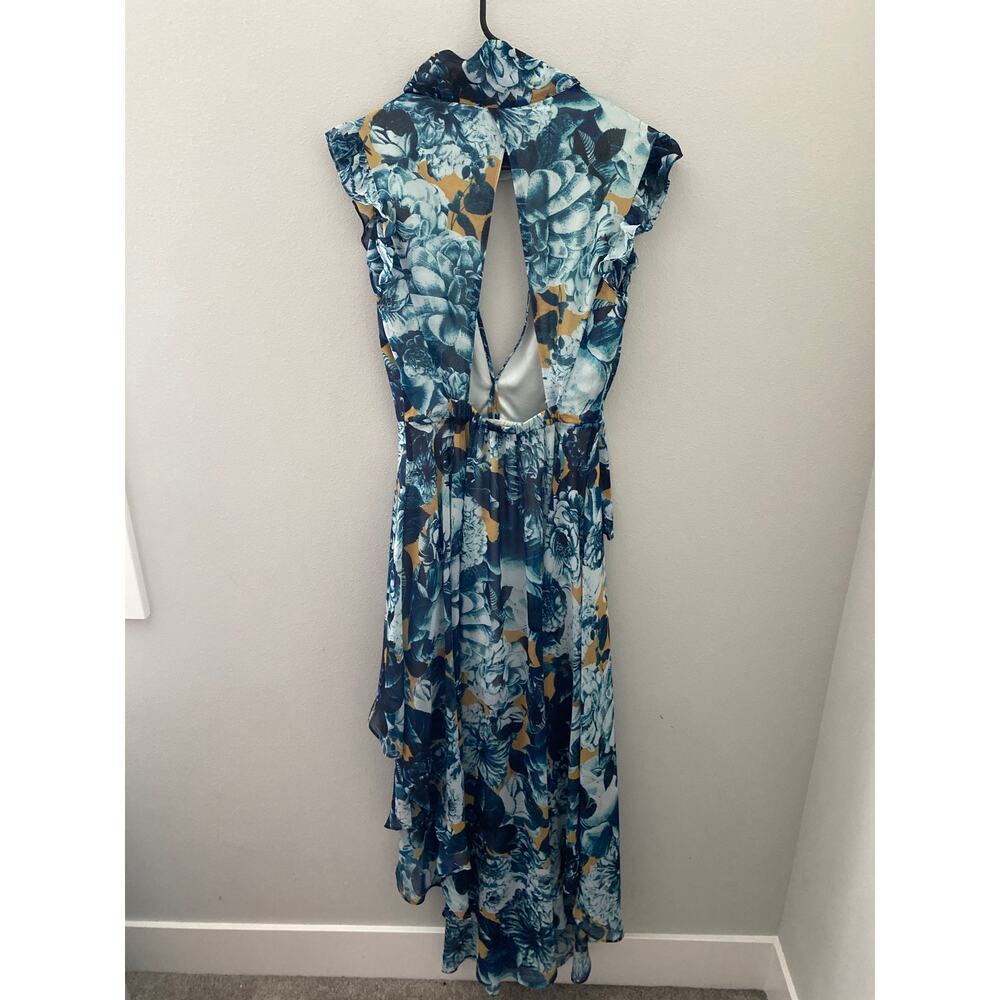 Bebe Floral Open-Back High-Low Midi Dress Blue Multi Women's Size XXS - Picture 5 of 5